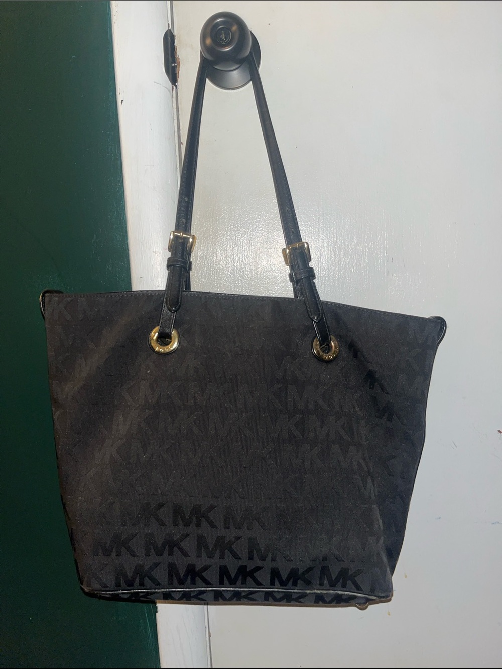 Michael Kors Black MK Logo Tote with Gold-Tone Eyelets